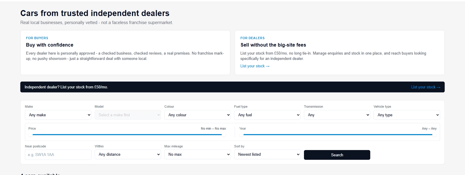 Searching for cars on IndieMotors