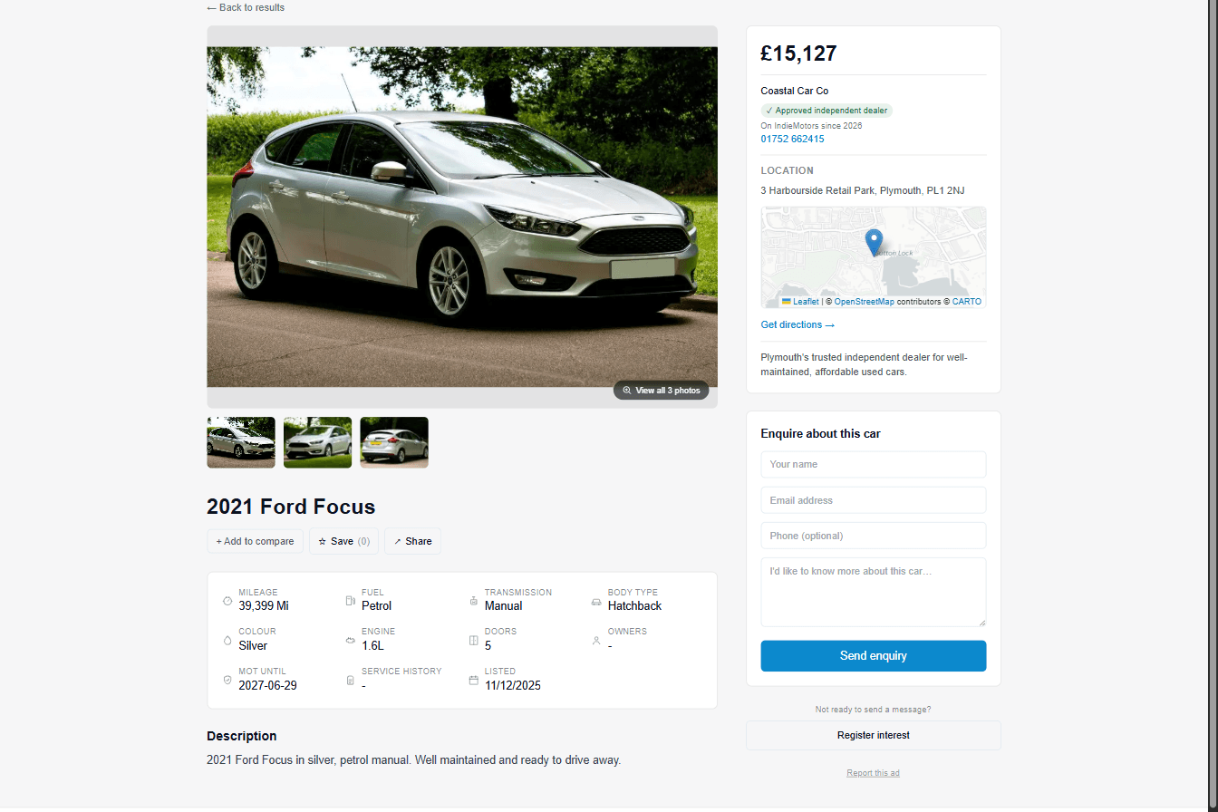 A vehicle advert on IndieMotors