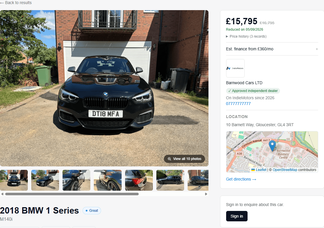 A public vehicle advert showing photos, condition, MOT history and a price-history record