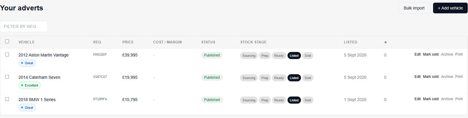 My Adverts management table showing status, stock stage and quick actions for each vehicle