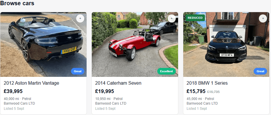 Search results grid showing several vehicle listings with condition badges and prices